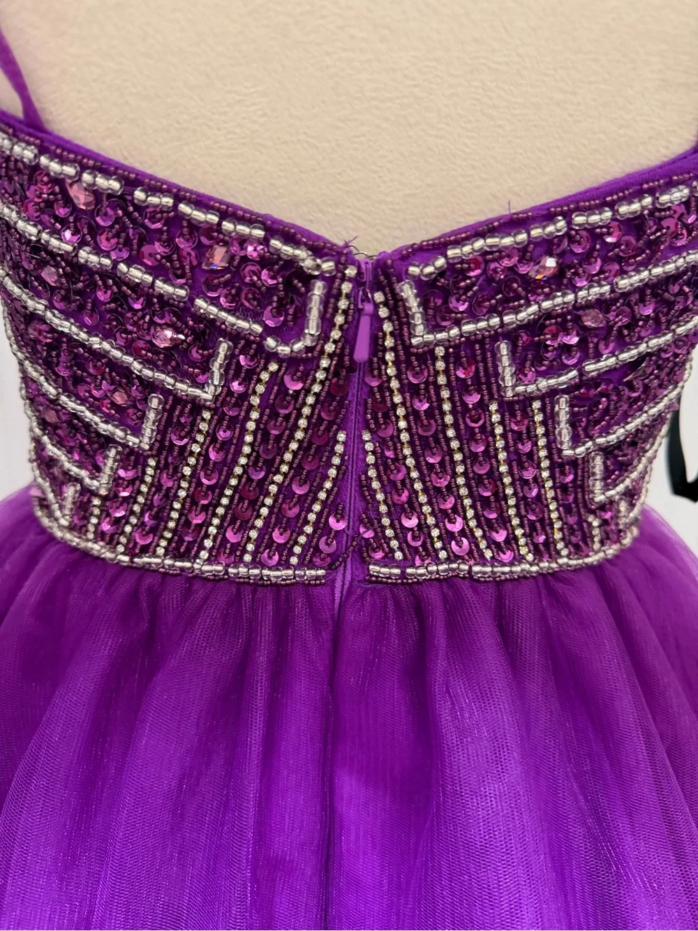 Beaded V-Neck Purple Tulle Mini Dress
